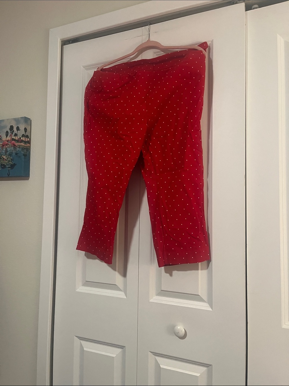 Womens Red Polka Dot Stretch Capri Pants